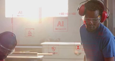 Woodworker cutting lumber while wearing safety goggles and earmuffs with AI overlays