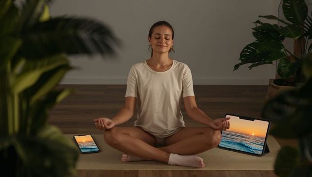 Young woman meditating indoors on yoga mat with tablet and smartphone showing sunset meditation
