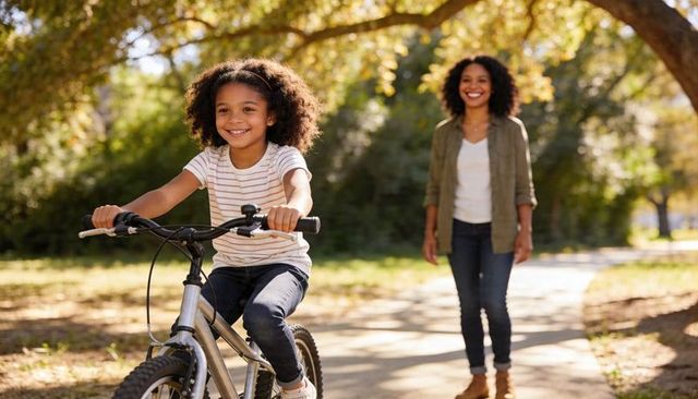Smiling girl riding bicycle on sunlit park path under tree canopy with supportive mother