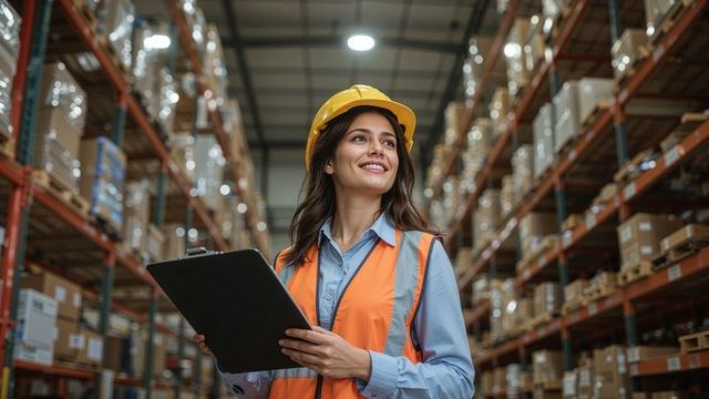 Smiling Warehouse Worker Inspecting Inventory with Clipboard