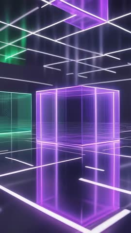 Vertical Panning Video Showing Purple Neon Cube in Futuristic Holographic Chamber