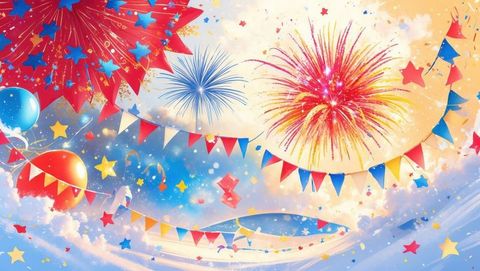 Vibrant celebration with fireworks in cloud-studded summer sky