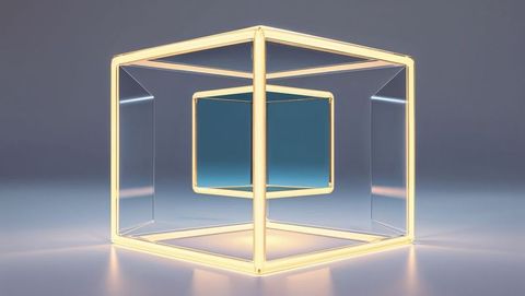 Futuristic neon-lit cube in minimalist studio setting
