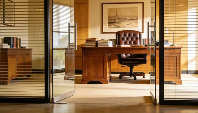 Sunlit executive office featuring solid wood desk, tufted leather chair and stacks of books
