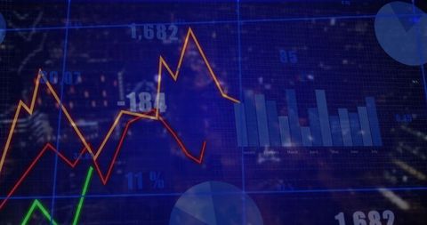 Financial Analytics Overlay on Urban Skyline at Night
