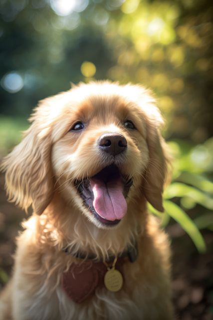 Golden retriever puppy enjoying a sunny day outdoors with tongue out and wearing a collar. Perfect for use in advertisements, pet care services, greeting cards, and social media content promoting pet adoption and love for animals.