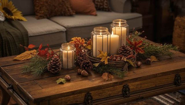 Rustic autumn coffee table decor with candles and pine cones
