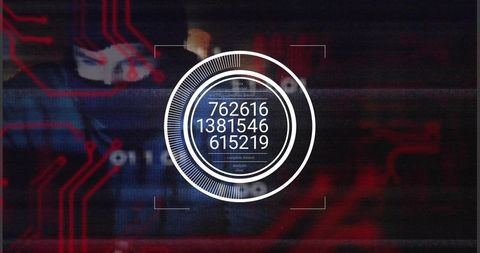 Masked hacker entering codes with digital interface