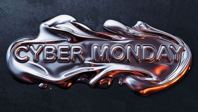 Cyber monday chrome liquid typography melting metallic splash with glossy reflective sheen
