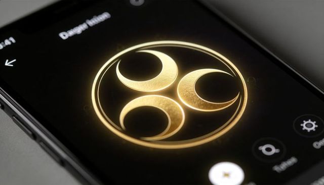 Golden triple crescent medallion glowing on smartphone screen with dark luxury interface