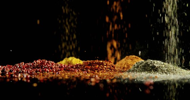 Close-up of herbs and spices falling on black surface 4k