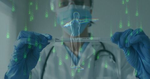 Doctor Analyzing Holographic Data with Stethoscope in Lab