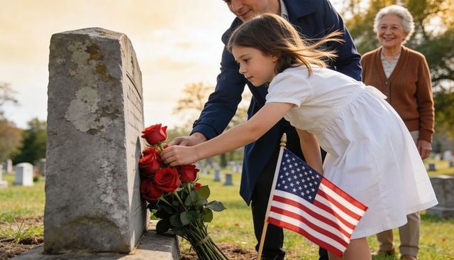 Young girl placing roses on veteran headstone while man guiding, american flag tribute