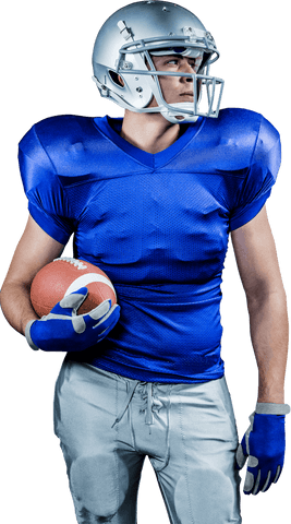Transparent confident american football player holding ball