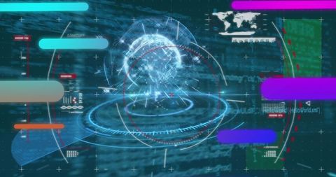 Futuristic Data Interface with Rotating Wireframe Globe