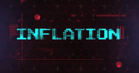 Cyan pixelated inflation text on futuristic hud data interface with hex grid neon glitch