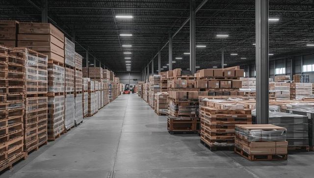 Spacious warehouse aisle with stacked pallets and forklift showing logistics operations