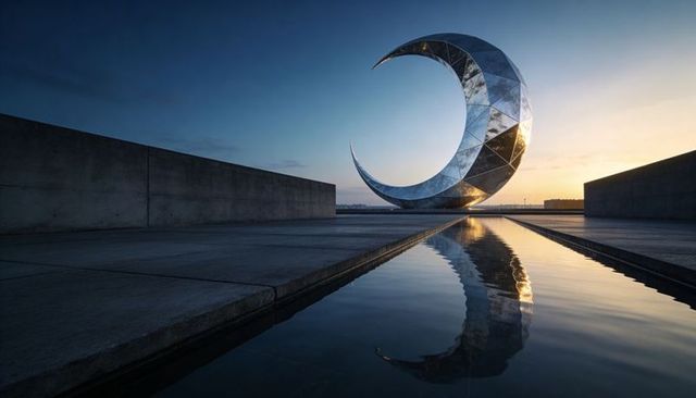 Gleaming Crescent Metal Sculpture Reflecting Sunrise over Harbor Plaza with Mirror Pool