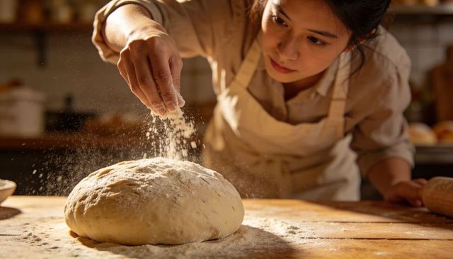 Asian baker sprinkling flour over artisan dough on rustic wooden table in warm light