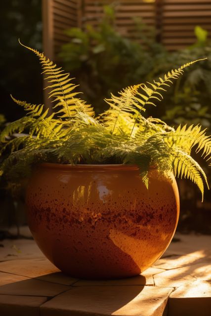 Green plants in ceramic planter in sunny garden, created using generative ai technology. Flowers, plants, growth, spring, nature and gardening concept digitally generated image.