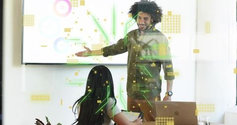 Presenter showcasing augmented reality visualization during collaborative business meeting
