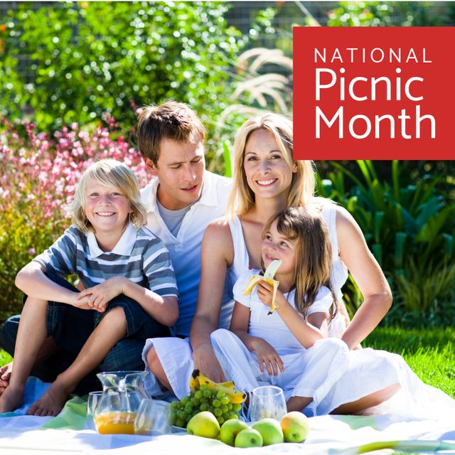 Perfect for promoting National Picnic Month events, family bonding activities, outdoor lifestyle campaigns, and healthy eating habits. Use to highlight the joy of family picnics in a lush park setting.
