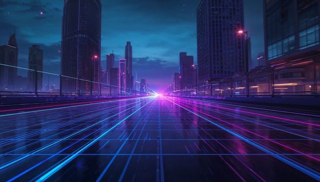 Futuristic Neon Cityscape with Glowing Grid Pathway
