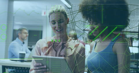 Diverse Business Professionals Using Technology with Digital Data Overlay