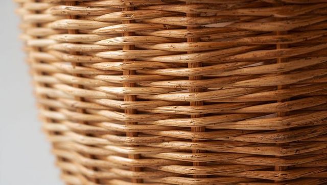 Macro wicker weave texture showing handwoven rattan basket pattern and natural seam