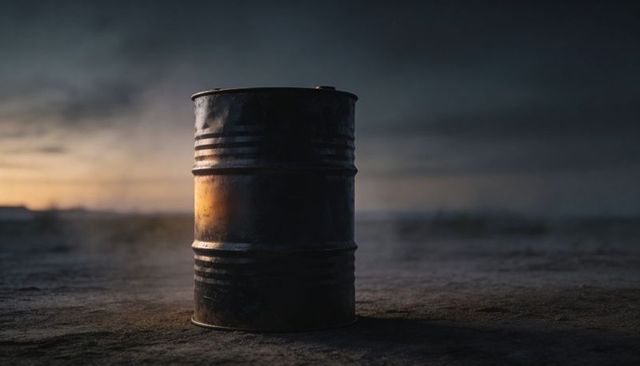 Standing Rusted Oil Drum on Dusty Plain at Twilight with Low Mist and Distant Silhouettes