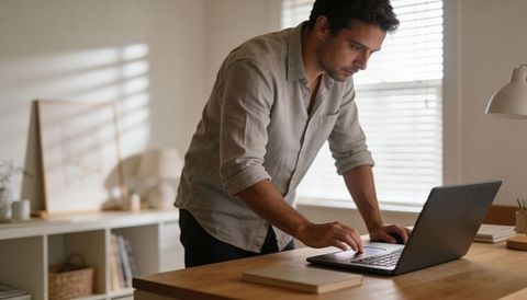 Man leaning over laptop at home office desk typing in natural light with rolled sleeves
