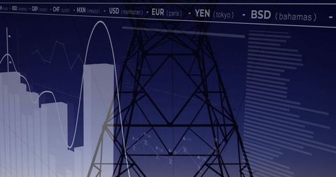 Electricity Tower With Financial Charts Overlaid