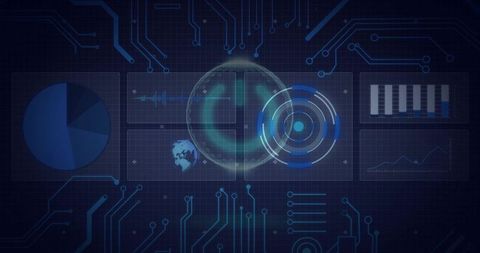 Holographic Data Dashboard with Spinning Sphere, Interactive Charts, Futuristic Interface