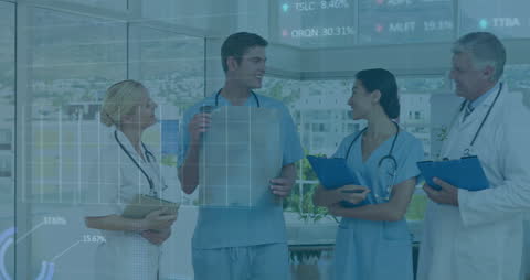 Medical Team Analyzing X-Ray with Data Overlay Concept