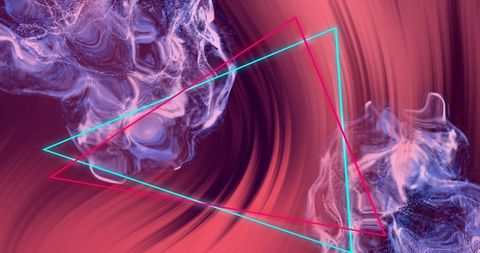 Neon geometric shapes over flowing light trails