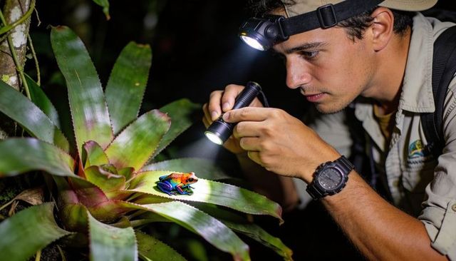 Field biologist examining vibrant tropical frog on bromeliad during night research