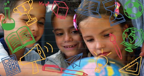 Diverse students engaged with learning tools and icons