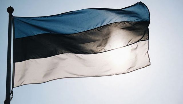 Backlit estonian flag billowing and fluttering against pale sky in bright daylight