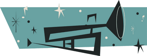 Retro Geometric Trumpet Design with Starbursts and Notes Transparent