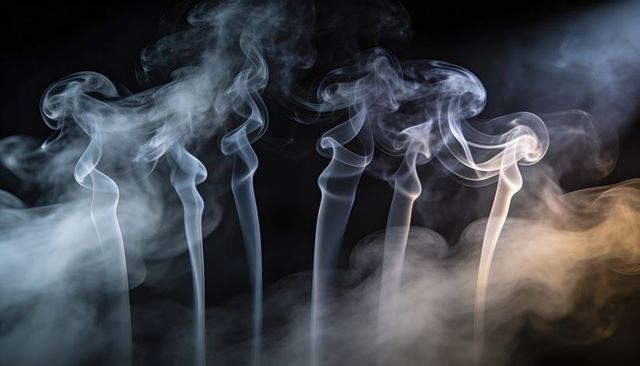Rising smoke plumes curling into ribbon spirals on black background with blue and warm tones