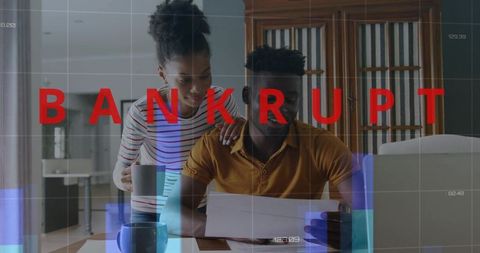 Couple Calculating Bills Facing Bankruptcy Alert with Financial Data Overlay for Debt Help