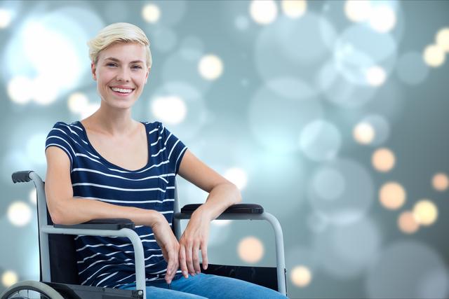 Young woman is sitting in a wheelchair while smiling against a soft bokeh background. Suitable for depicting themes of happiness, strength, inclusivity, disability awareness, and positive mindset. Ideal for use in healthcare, lifestyle blogs, promotional materials for disability products, and inclusive advertising campaigns.