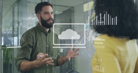 Colleagues Discussing Financial Data with Virtual Interface