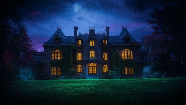 Gothic Mansion Illuminated at Night Surrounded by Mist