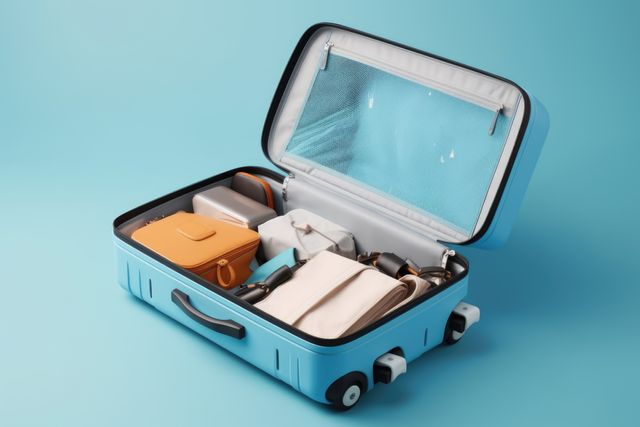 Open blue suitcase packed with accessories, blue background, created using generative ai technology - Download Free Stock Photos Pikwizard.com