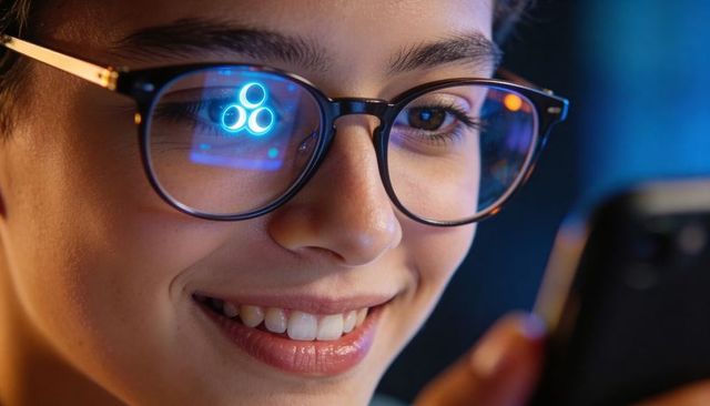 Smiling teen wearing glasses interacting with smartphone reflecting blue app interface