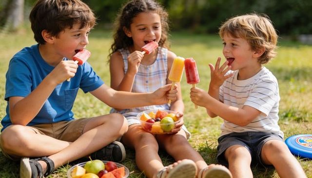 Children enjoying colorful popsicles during sunlit backyard picnic sharing fruit bowl