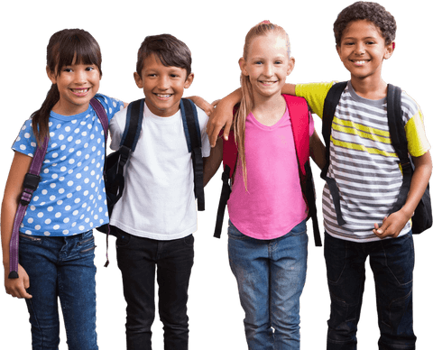 Diverse Group of Smiling Schoolchildren with Backpacks on Transparent Background