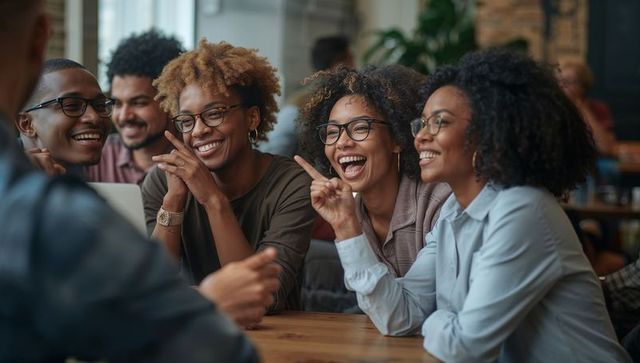 Laughing young professionals collaborating over laptop in lively cafe coworking meetup