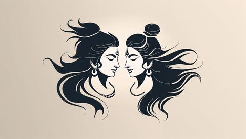 Elegant mirrored silhouette artwork with cultural adornments